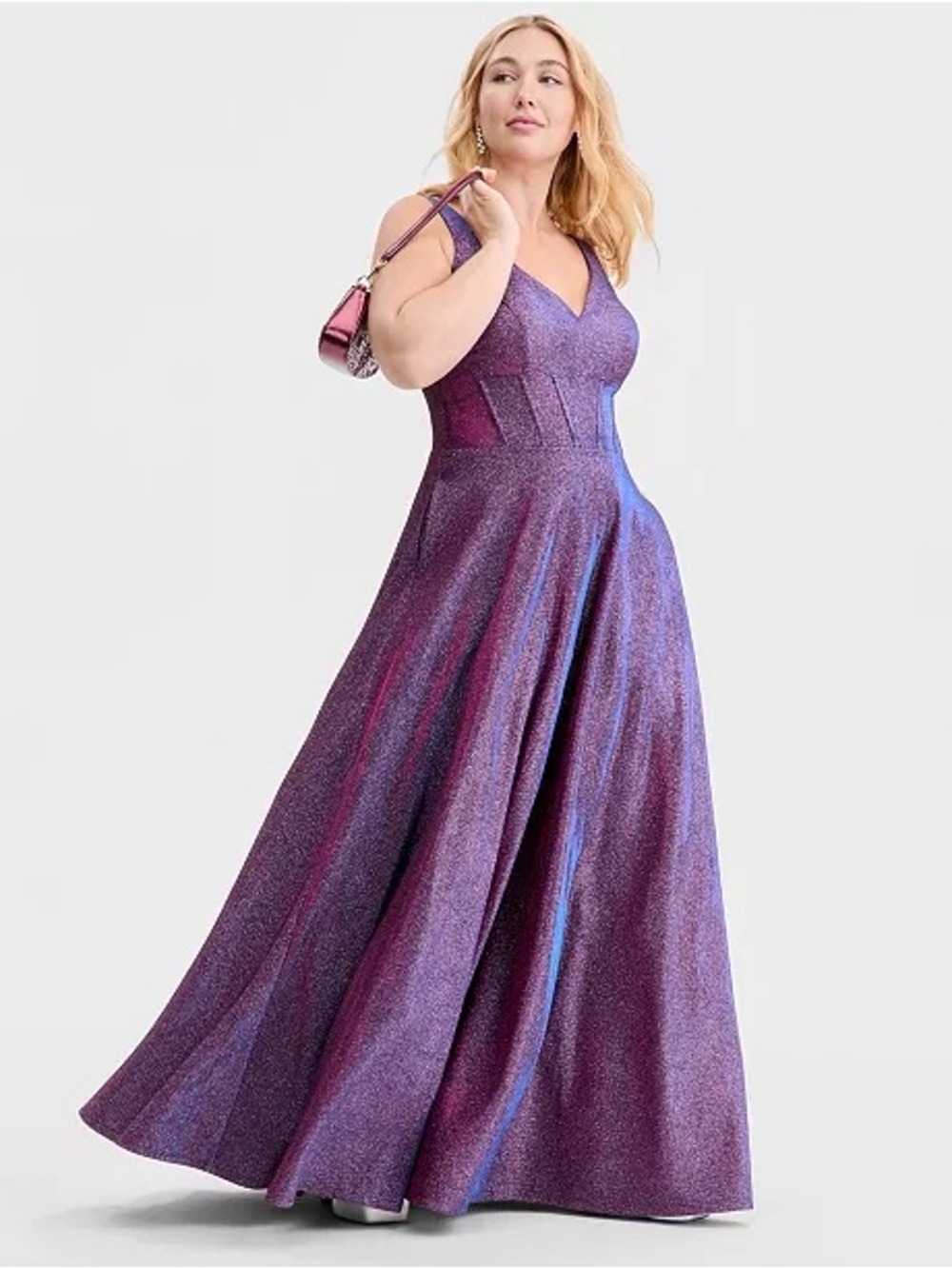 Macy’s City Studios Trendy Plus Size Glitter V-Neck Sleeveless Gown - Picture 3 of 8